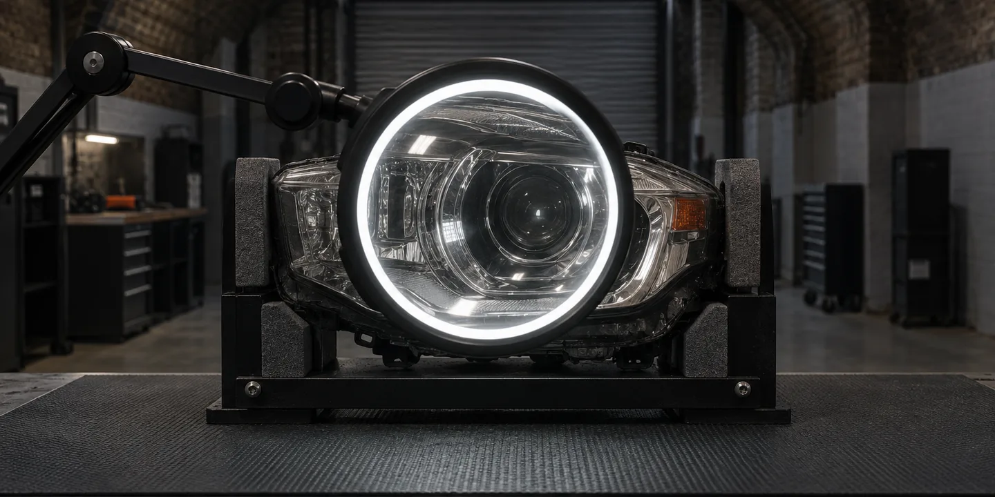 Headlight on a stand seen through a ring-lit inspection magnifier