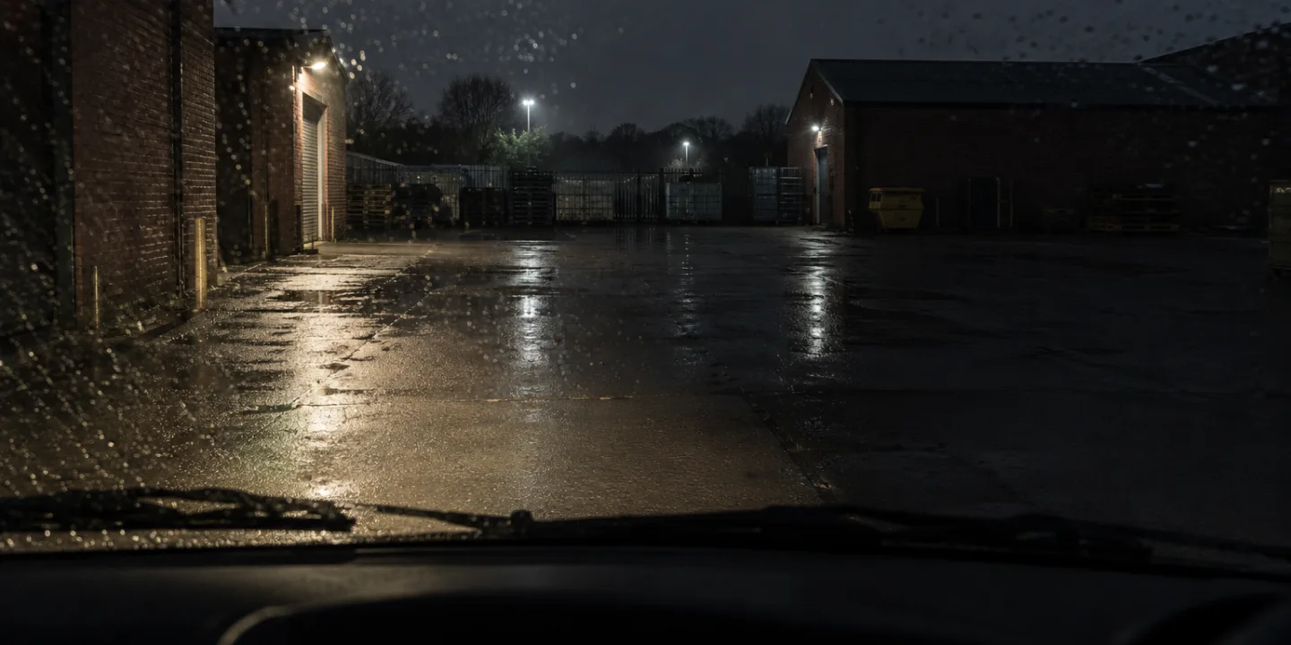 Night view from a van cab through a rainy windscreen, only one beam lighting the wet depot yard ahead