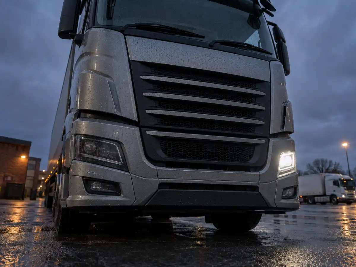 Lorry cab at dusk with its daytime running light out on one side