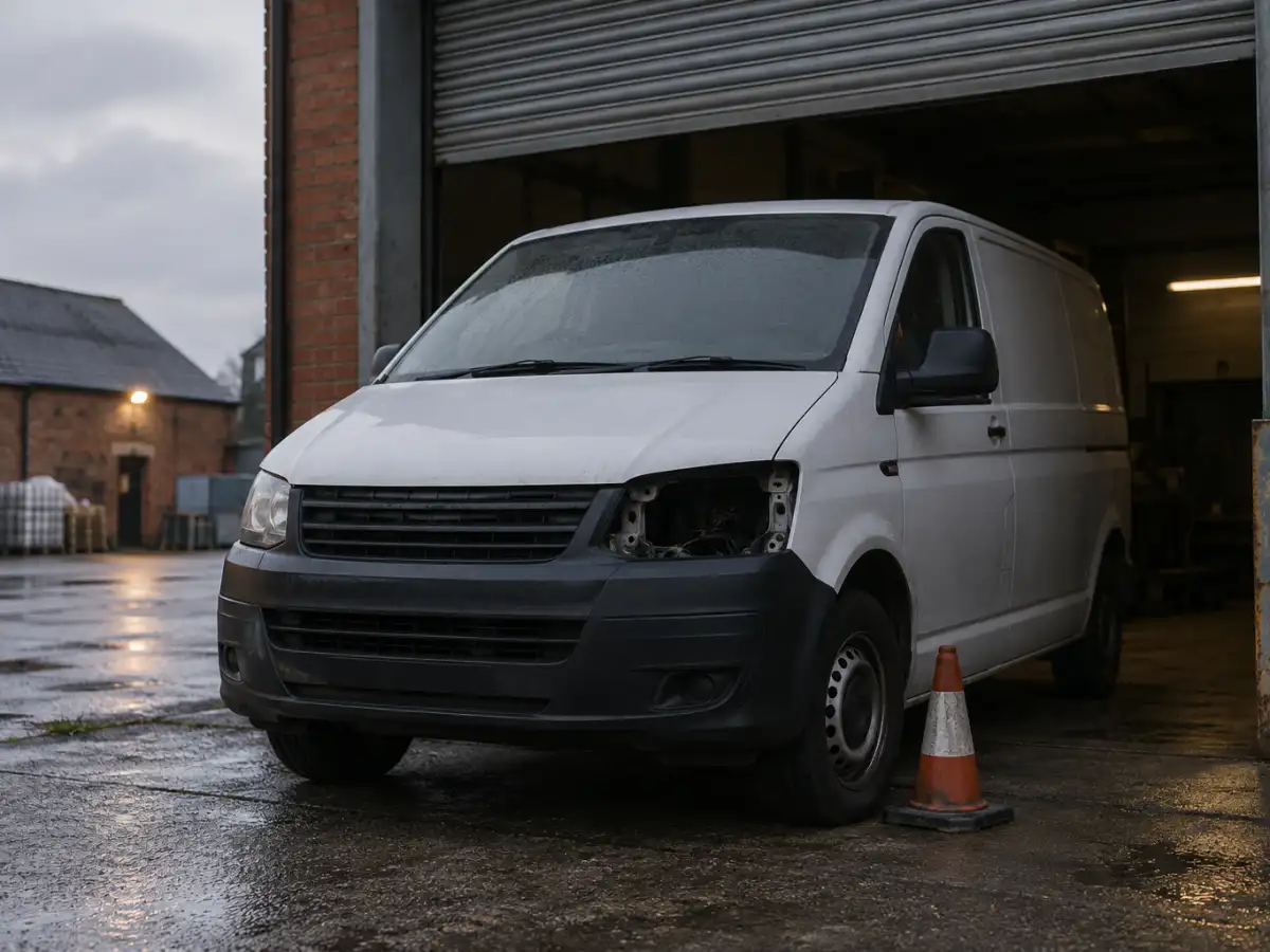 Panel van under a depot shutter with one headlight out, waiting on fleet headlight repair