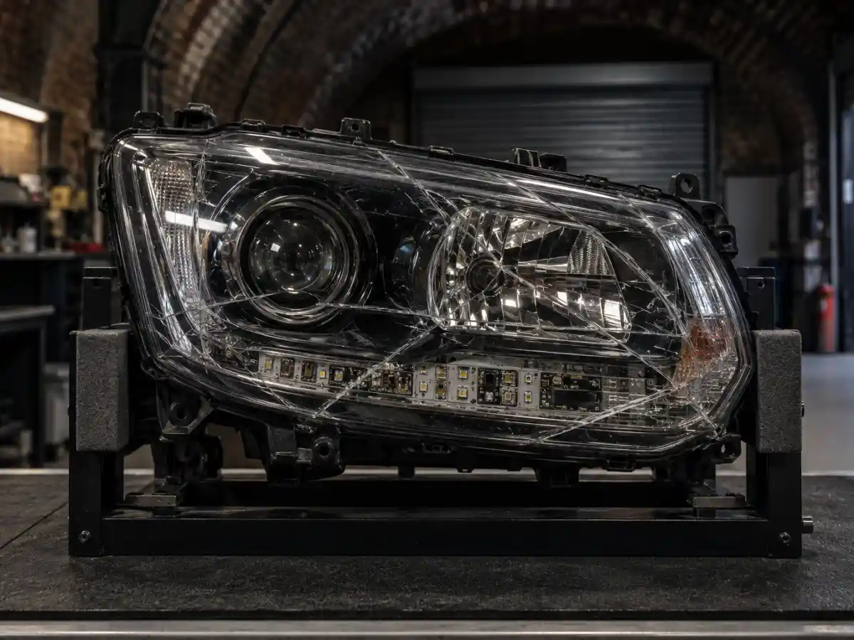 Behind a cracked lens the projector and boards are untouched, so a headlight repair service for bodyshops can save the unit