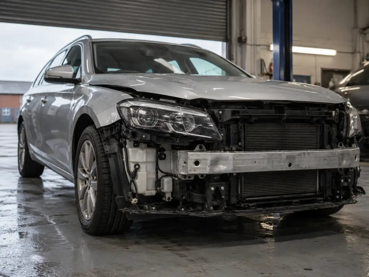 Car front end stripped in a bodyshop bay, bumper off and the cracked headlight still in place