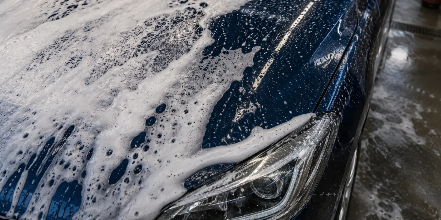 Snow foam sliding down a bonnet in a valeting bay towards a gleaming, freshly rinsed headlight