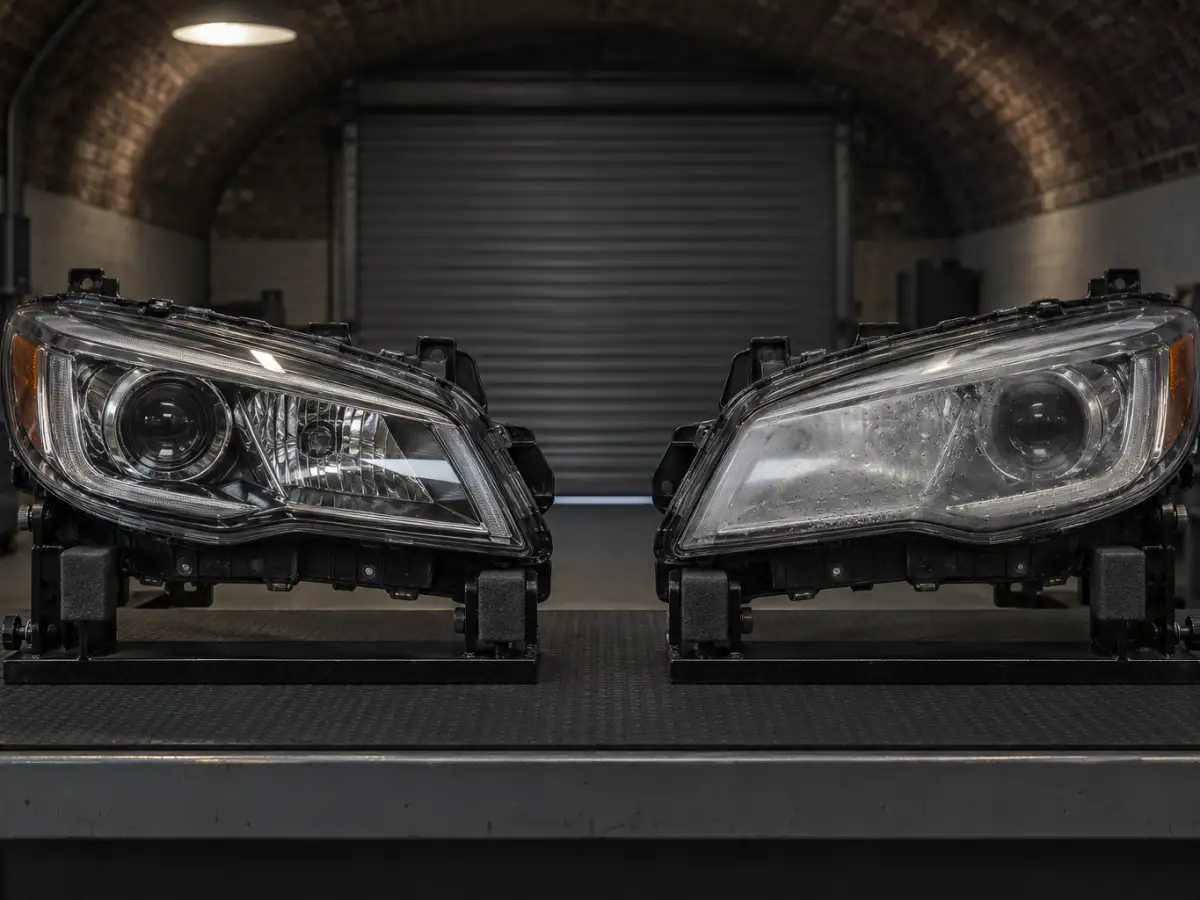 A pair of headlights on stands, one clear and one misted: headlight repair for car dealers keeps the pair matching