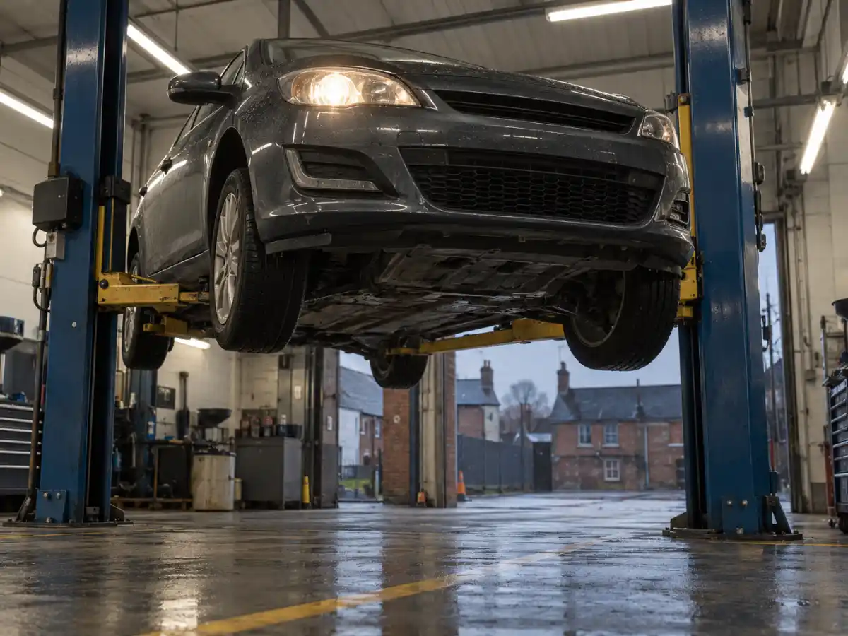 Car on a two-post lift with one running light dark, a typical job for headlight repair for garages