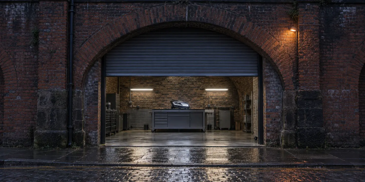 A Victorian railway arch workshop at dusk, its shutter half raised and one lit headlight on the bench inside