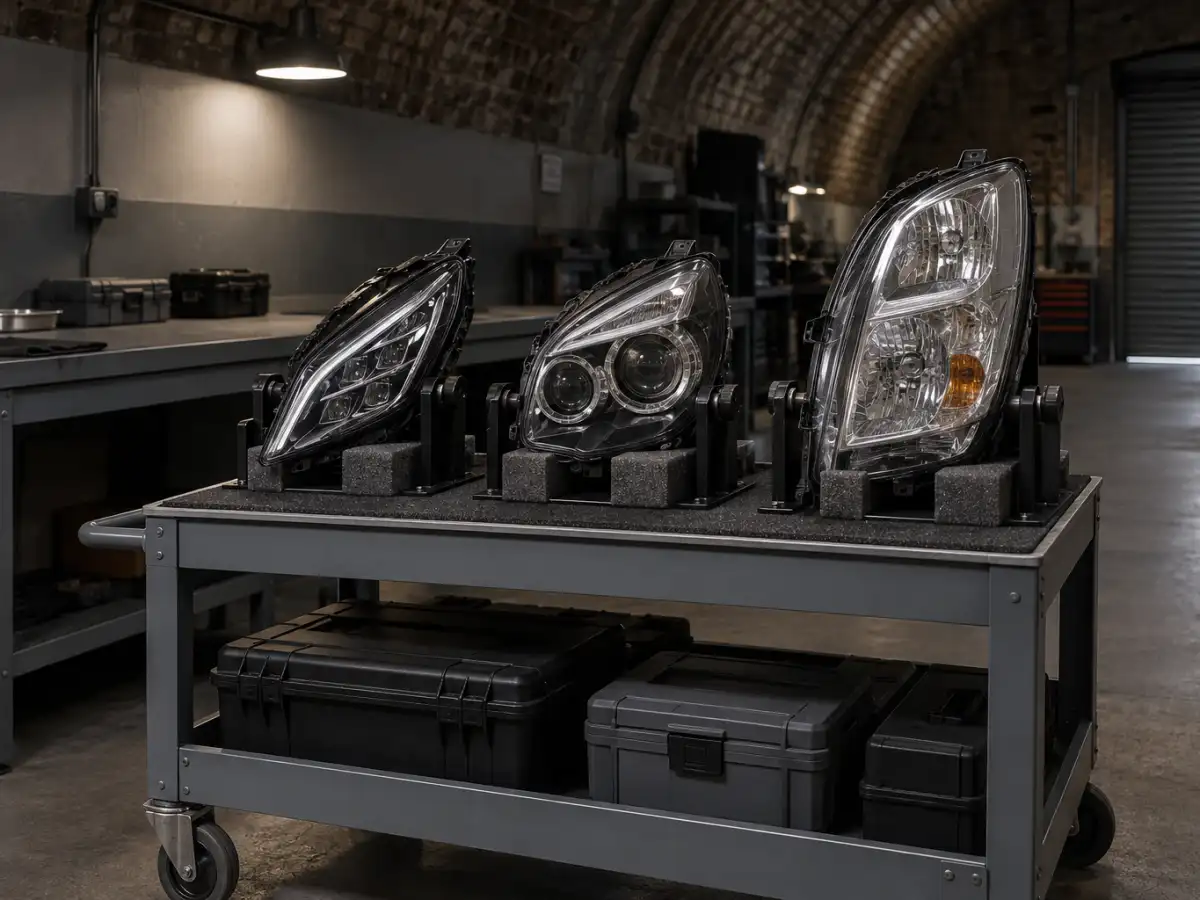 Trolley with three headlights from different vehicles in foam cut-outs, typical headlight repair motor trade work