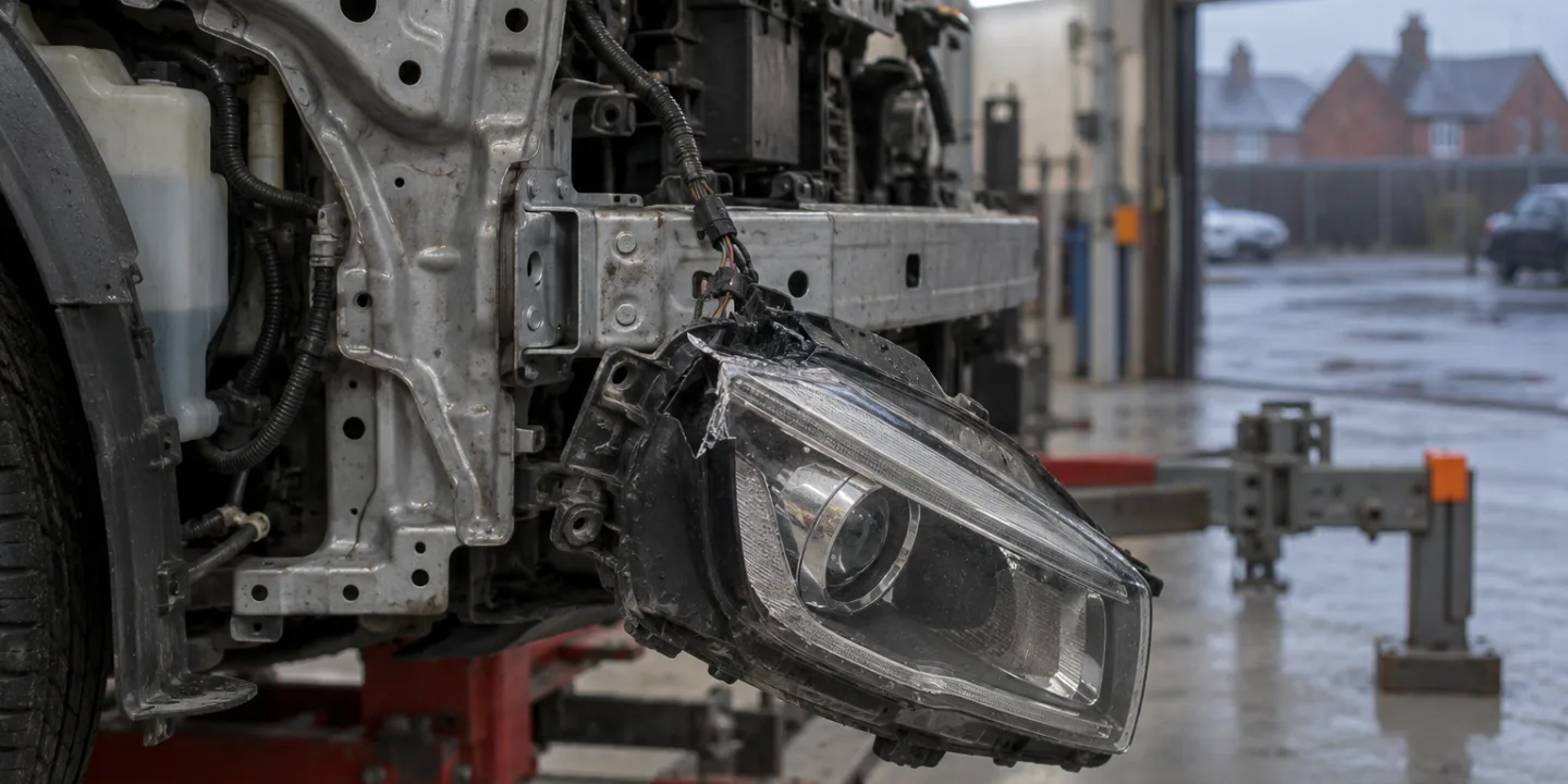 Headlight hanging by its wiring loom from a stripped front end, one corner of its housing split