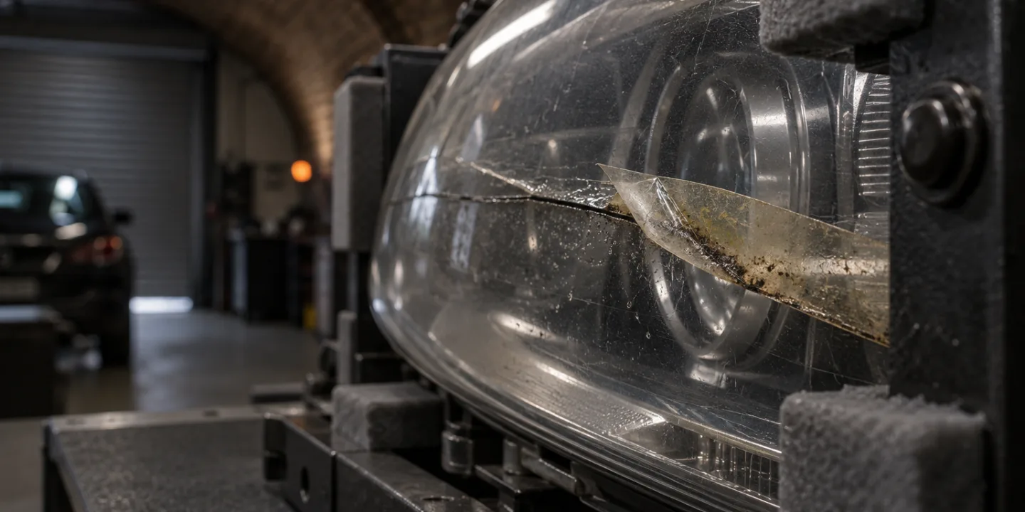 Yellowed clear tape lifting off a crack across a headlight lens, road grime trapped under its edge
