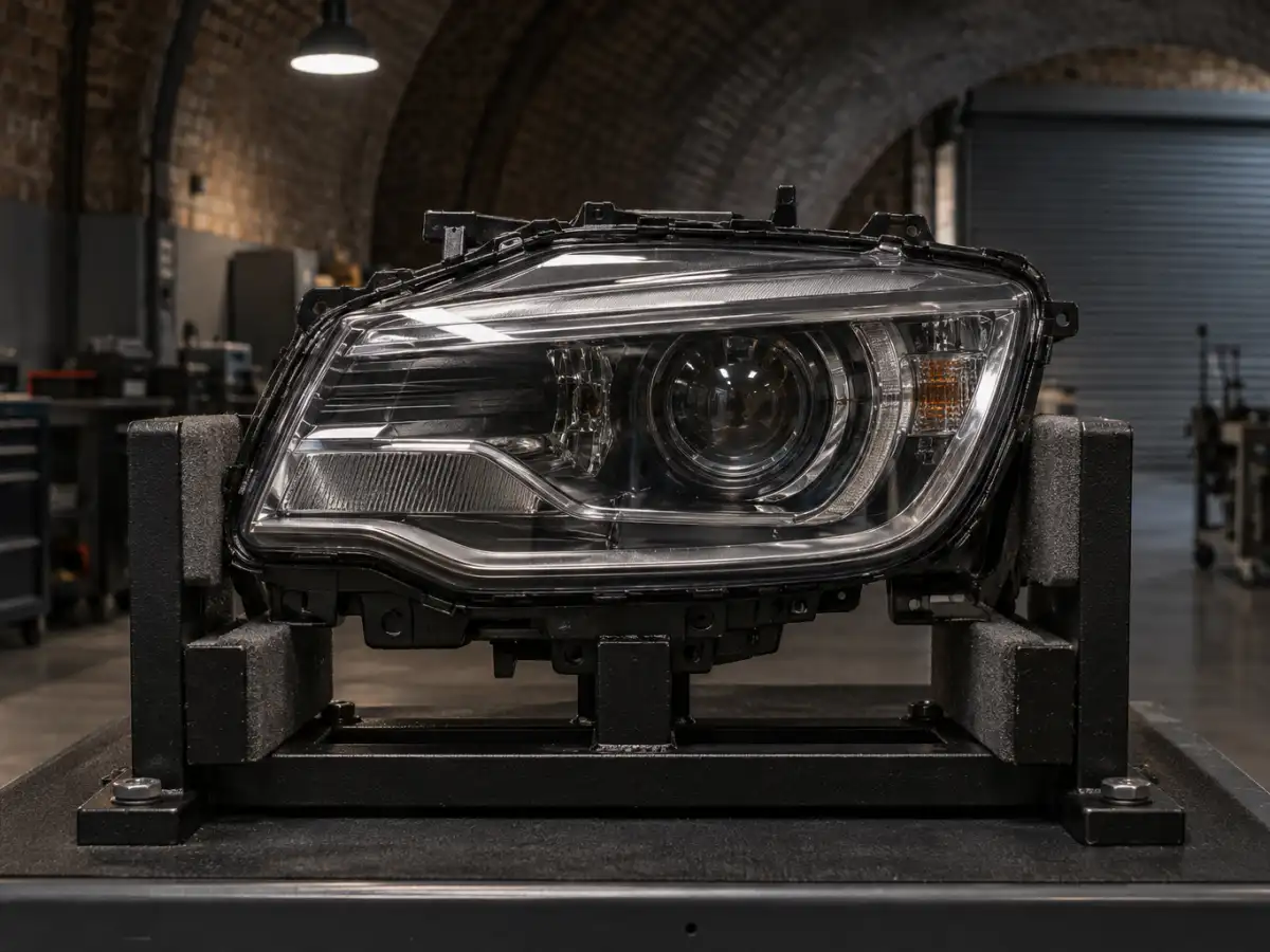 Neat bond line of a new clear lens on the original housing after a cracked headlight repair