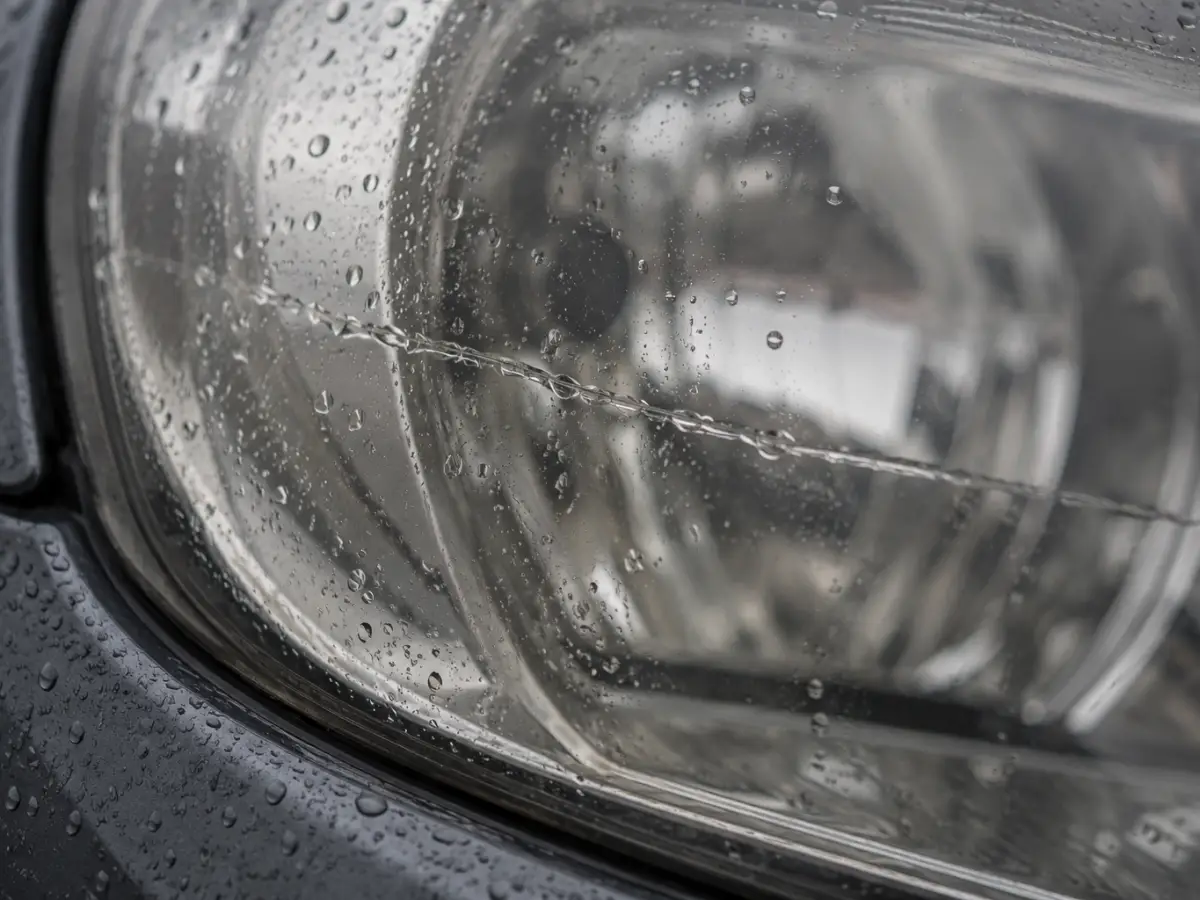 Rainwater sitting in a hairline crack across a headlight lens on a parked car