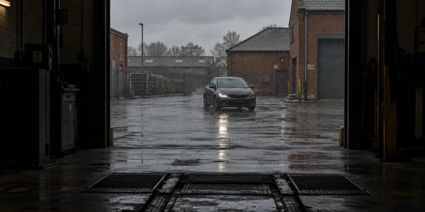 Car waiting in the rain at the open door of a test bay, one running light white and the other dark