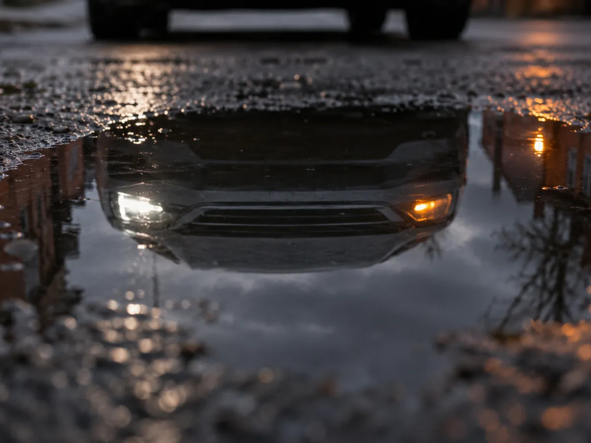 Running lights reflected in a puddle, one white and one amber: the fault behind a DRL MOT failure
