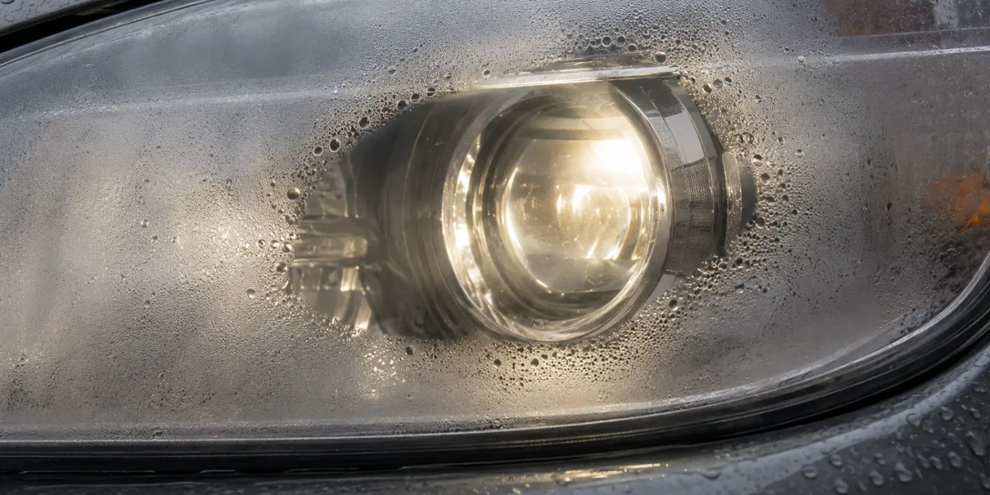 Dipped beam clearing an oval window through the mist inside a headlight lens on a grey morning