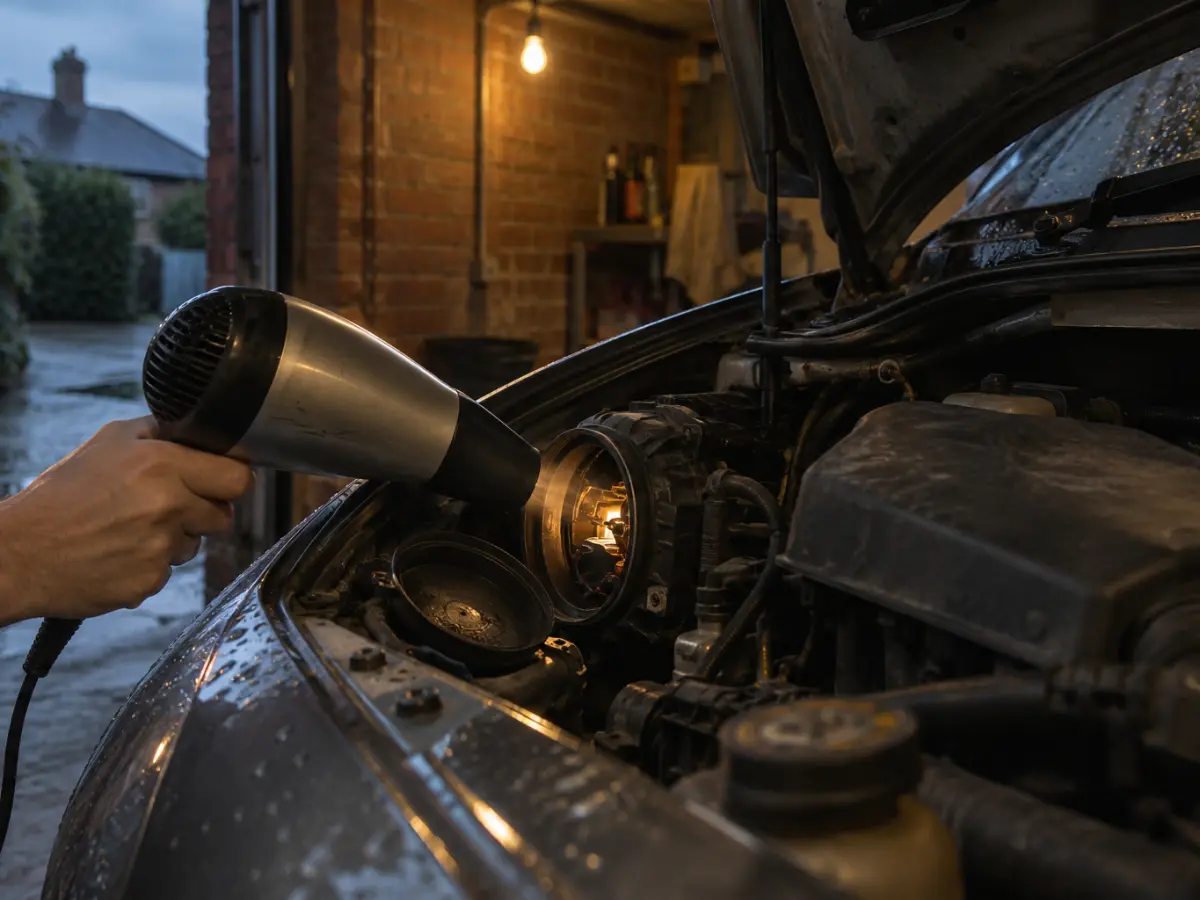 A hairdryer on low aimed into the rear cap opening: how to remove condensation from a headlight for a day