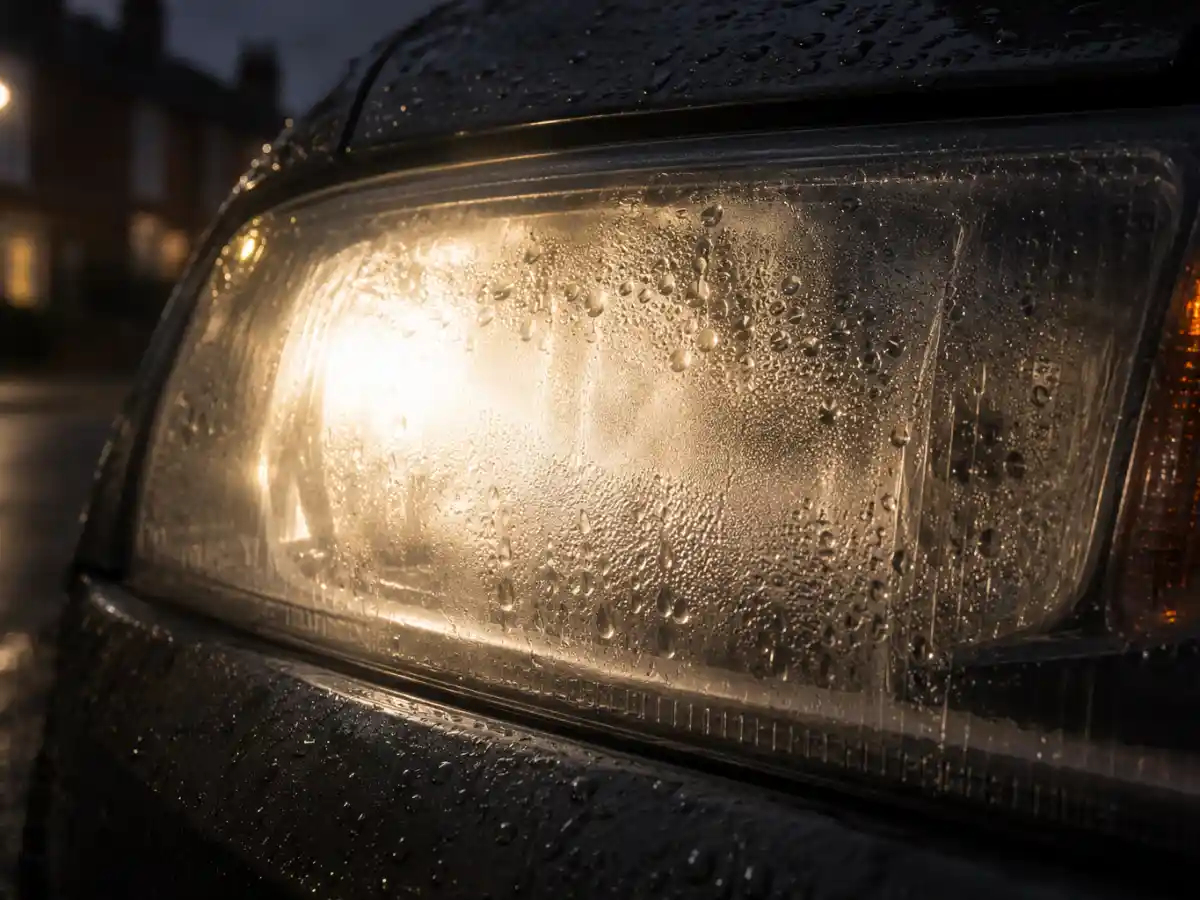 Headlight switched on at night with mist and droplets inside the lens scattering the beam