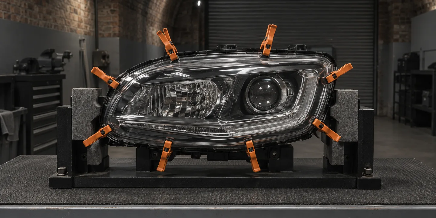 New clear lens bonded to a headlight and held by orange spring clamps while the sealant cures