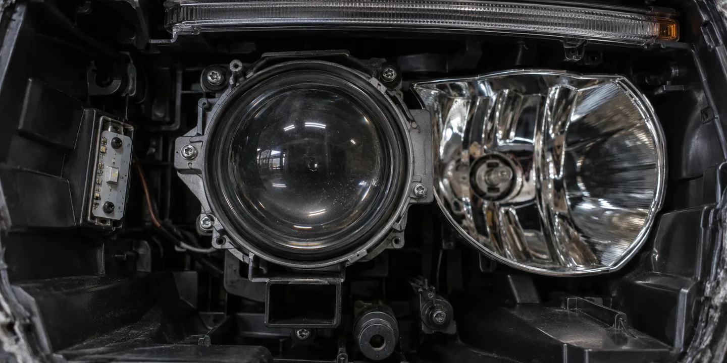 Looking into an opened headlight: projector, reflector and LED boards seen from where the lens normally sits