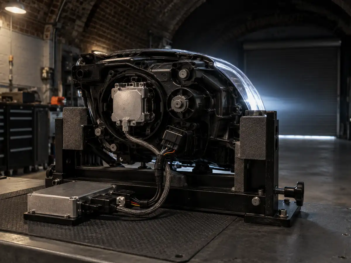 Xenon headlight on a test stand seen from behind, a new ballast connected and the projector lit