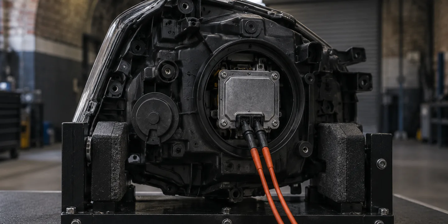 Meter probes on the connector of an LED driver behind a headlight, tracing which part has failed