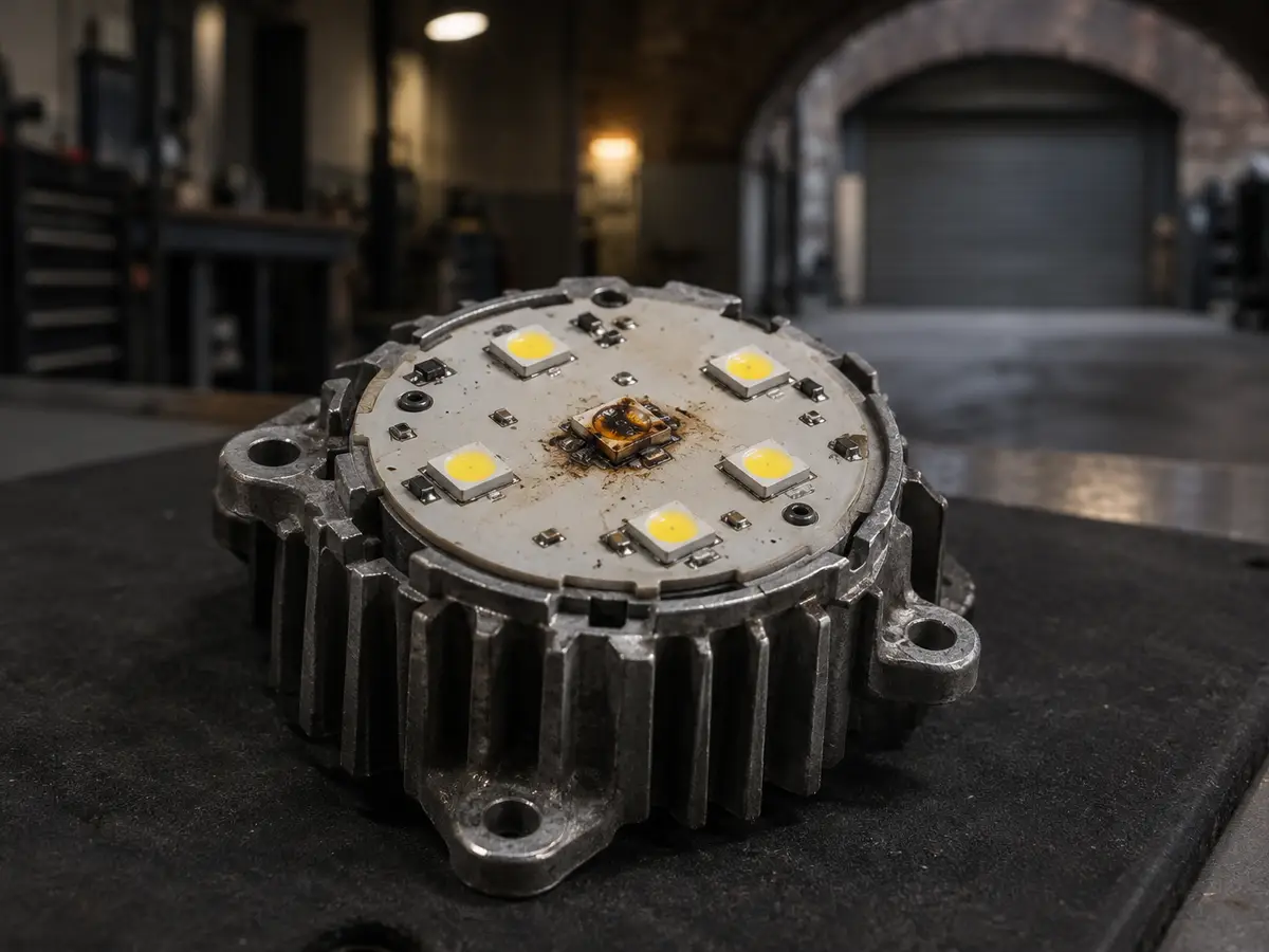 LED headlight repair often comes down to one board like this: a chip browned by heat, the heat sink still attached
