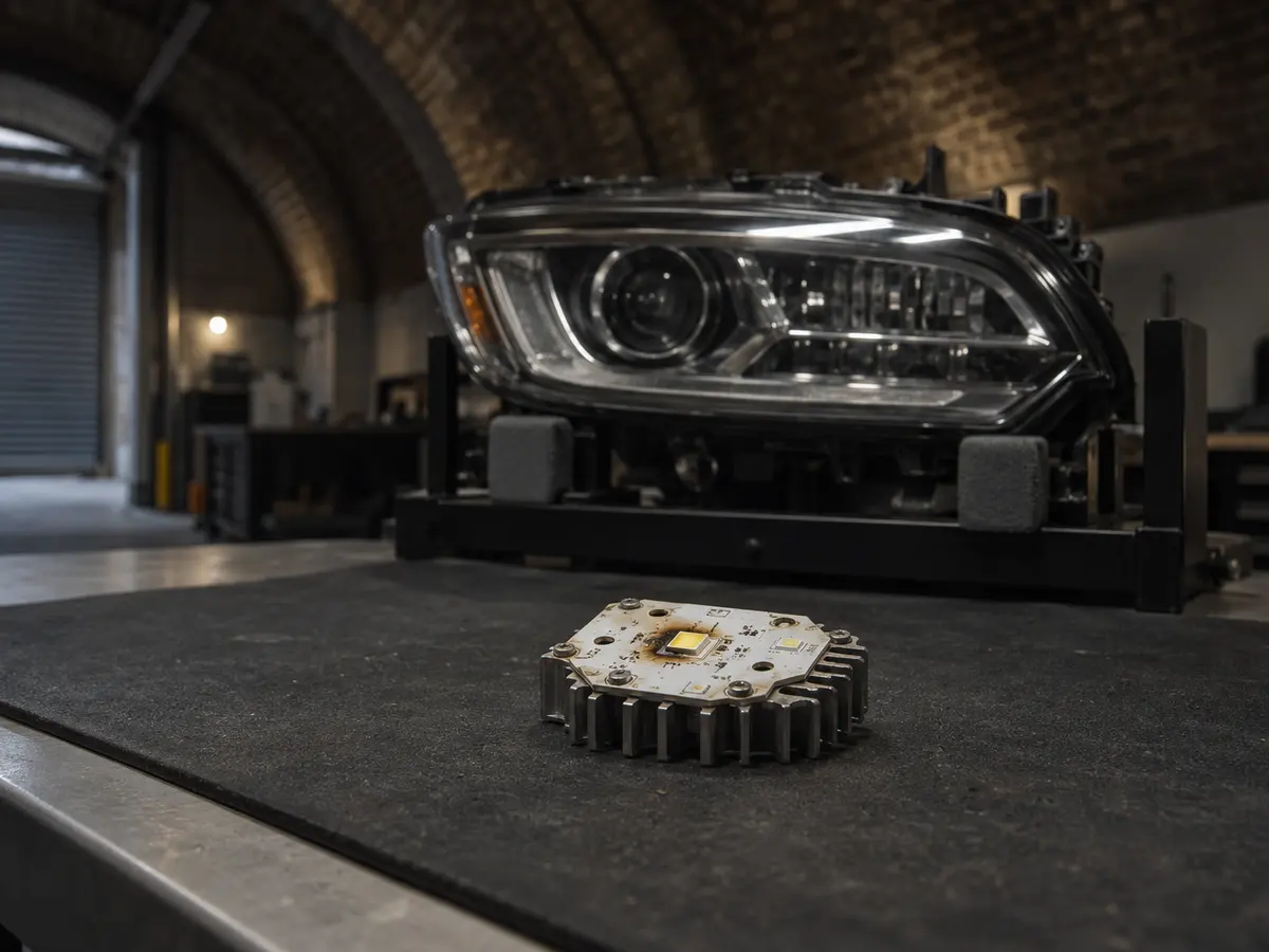 One scorched LED board in front of the headlight it came from: headlight repair often means replacing just this part