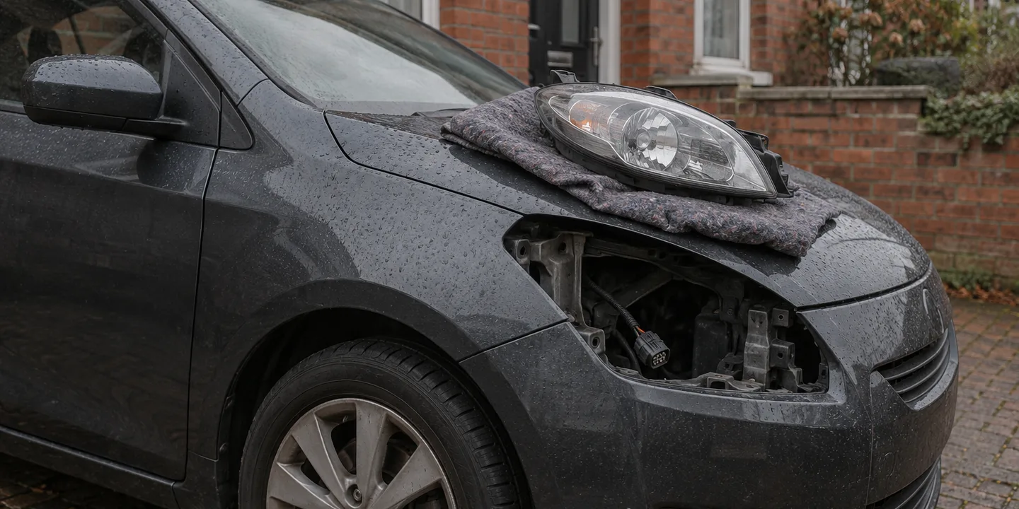 Hatchback on a brick-paved driveway with one headlight taken out, the unit wrapped in a blanket on the bonnet