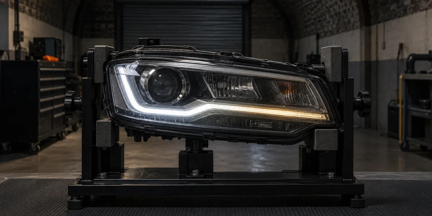 Audi A3 headlight on a test stand, its running light white at one end and dull yellow at the other