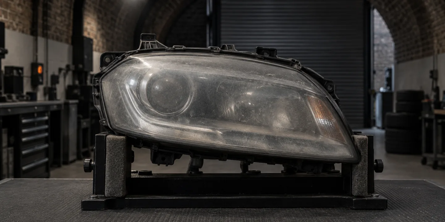 Audi A4 B8 headlight on a stand, its outer lens dulled and hazy