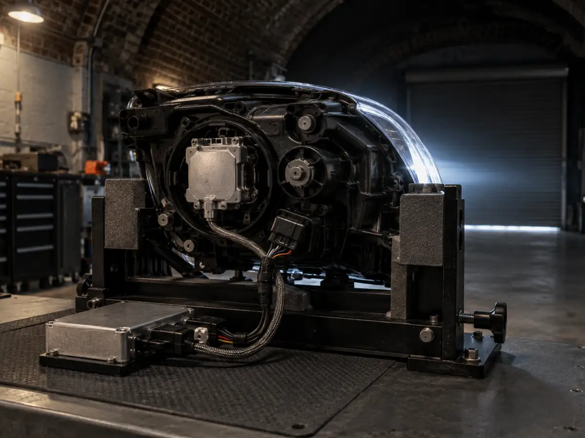 Xenon headlight seen from behind on a test stand, a new ballast wired in and the projector lit