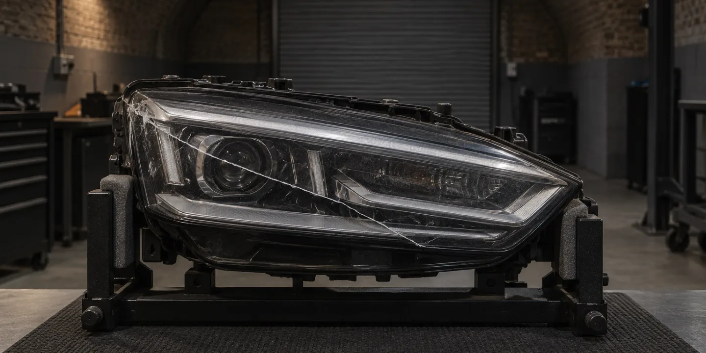 Audi A5 headlight on a test stand with a crack running across its outer lens