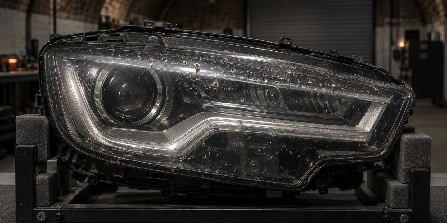 Stone chips and wear across the lens of an Audi A6 headlight, seen up close