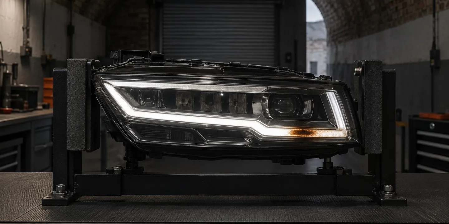 Audi LED headlight on a test stand, its running light scorched brown along one stretch