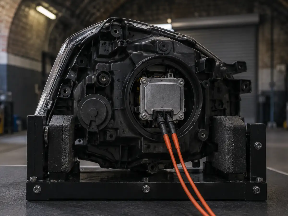 Meter probes on an LED driver connector during an Audi headlight repair on a Matrix LED unit