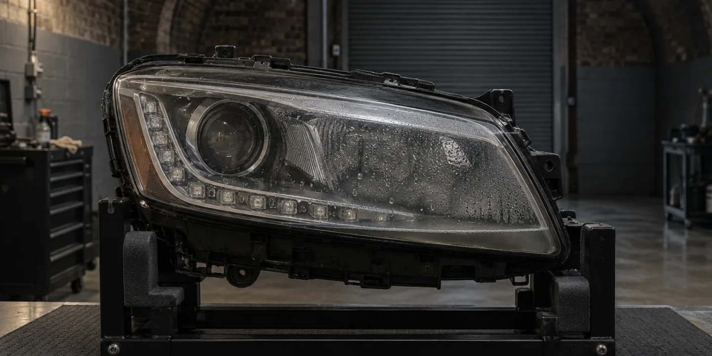 Audi Q5 headlight on a stand with water droplets gathered inside its lens