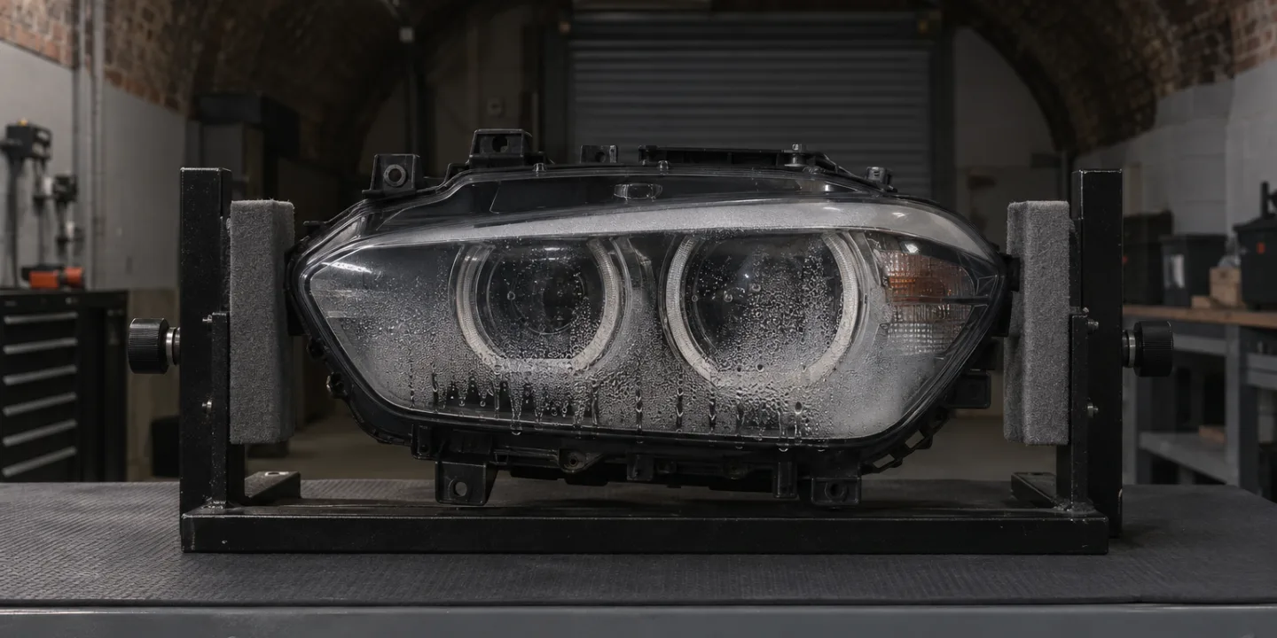 BMW 1 Series F20 headlight on a stand, mist and droplets behind its lens