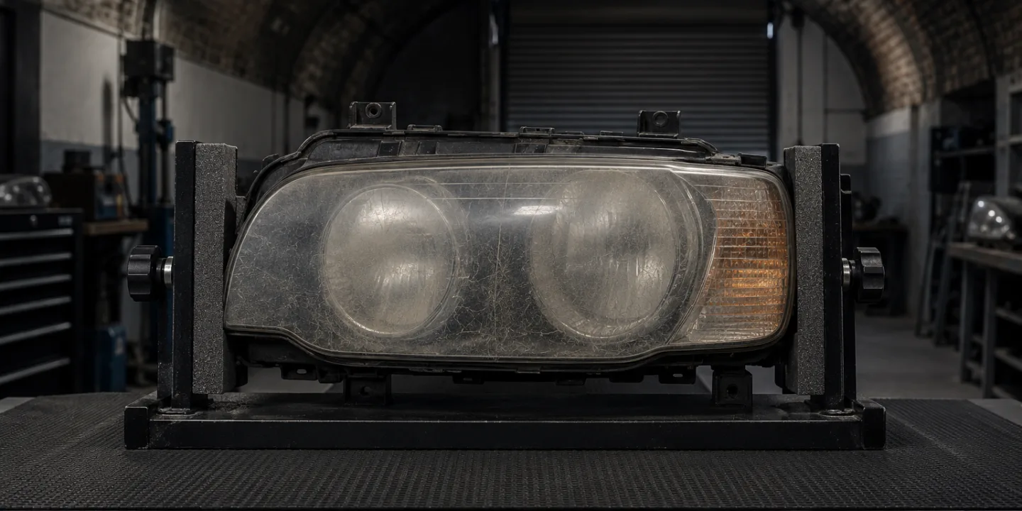 BMW E46 headlight on a stand, its single outer cover clouded and crazed