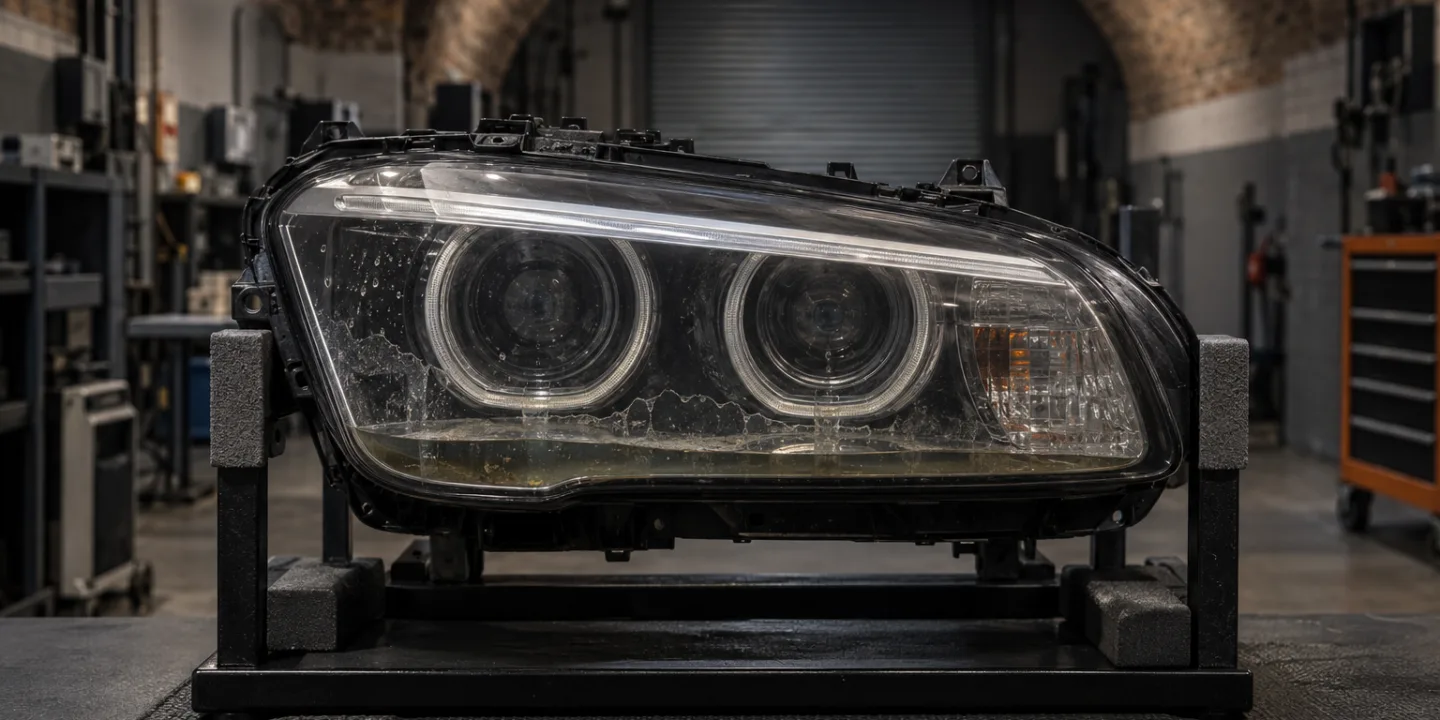 BMW 5 Series F10 headlight on a stand with water pooled in the bottom of the housing