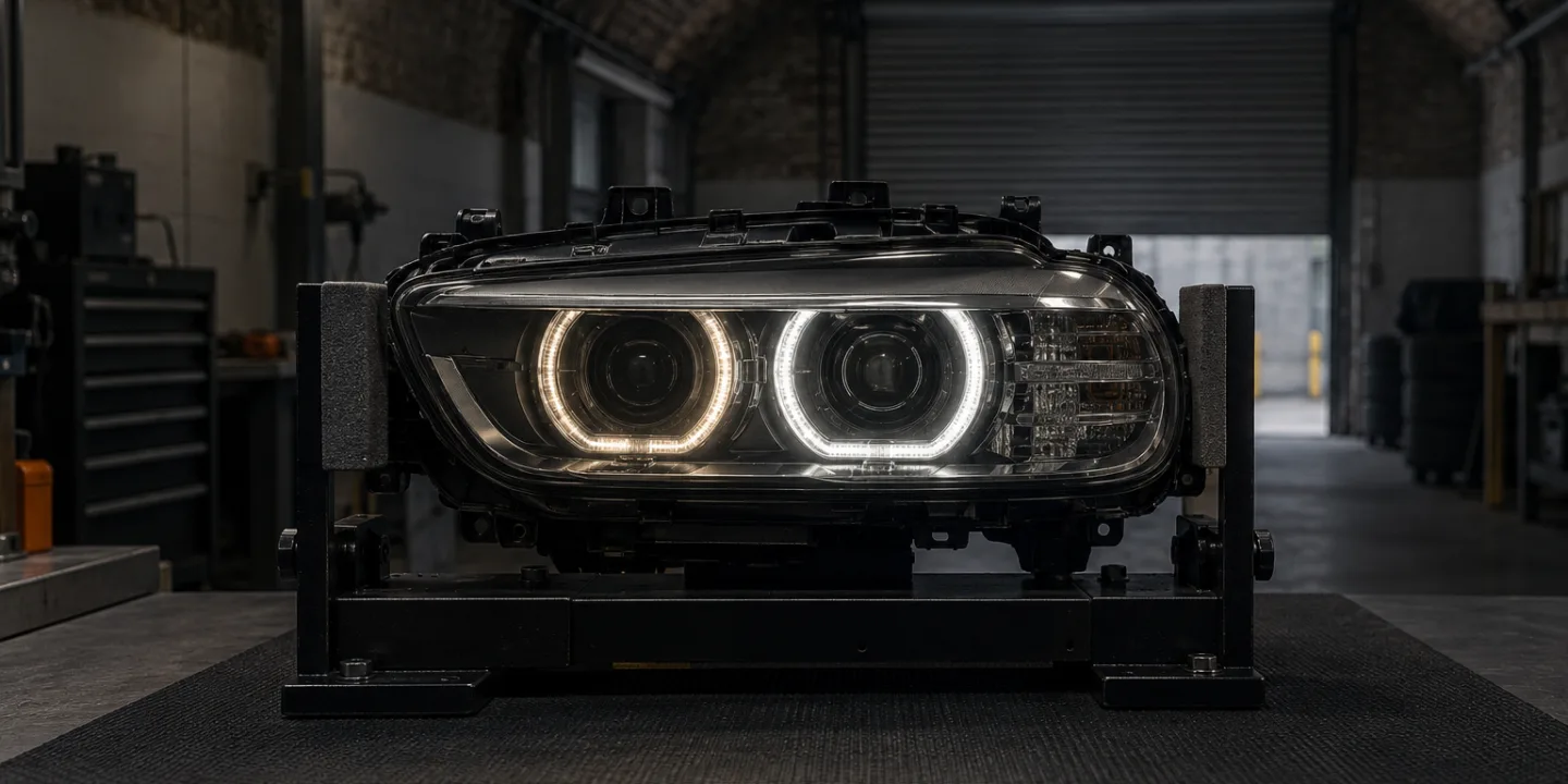 BMW twin-ring LED headlight on a test stand, one ring visibly dimmer than the other