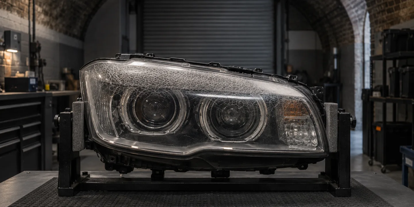 BMW X3 headlight on a stand, its outer lens crazed across the upper half