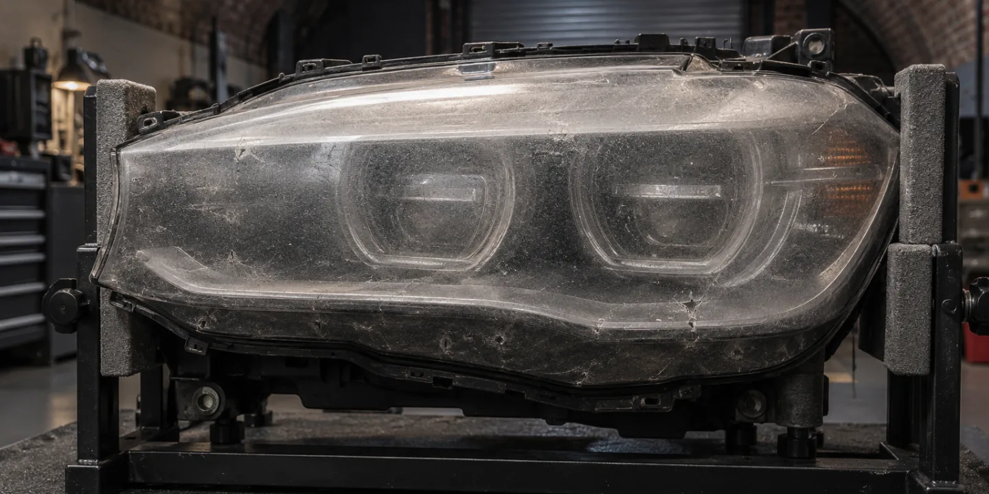 Close view of a BMW X5 headlight lens worn matt by sand and grit