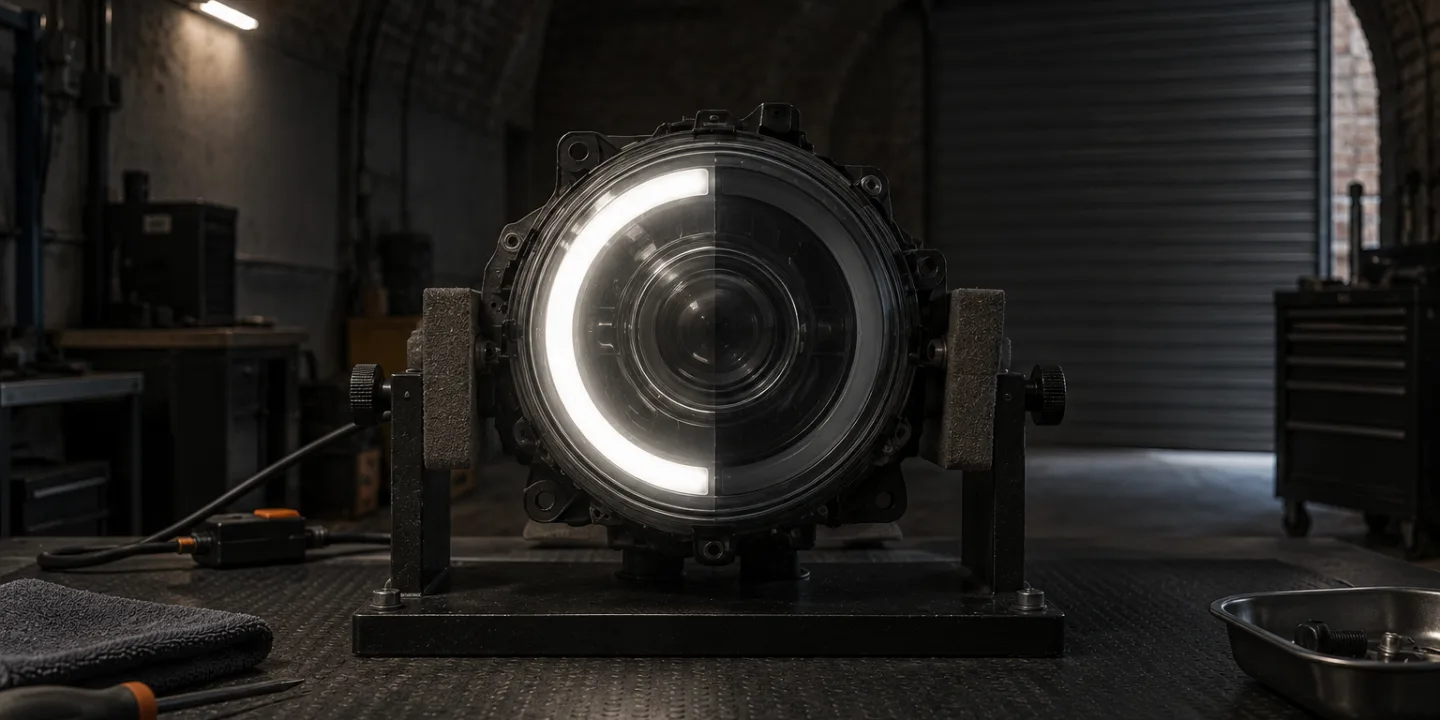 Upper lamp of a later Fiat 500 on a stand, half of its ring-shaped running light dark