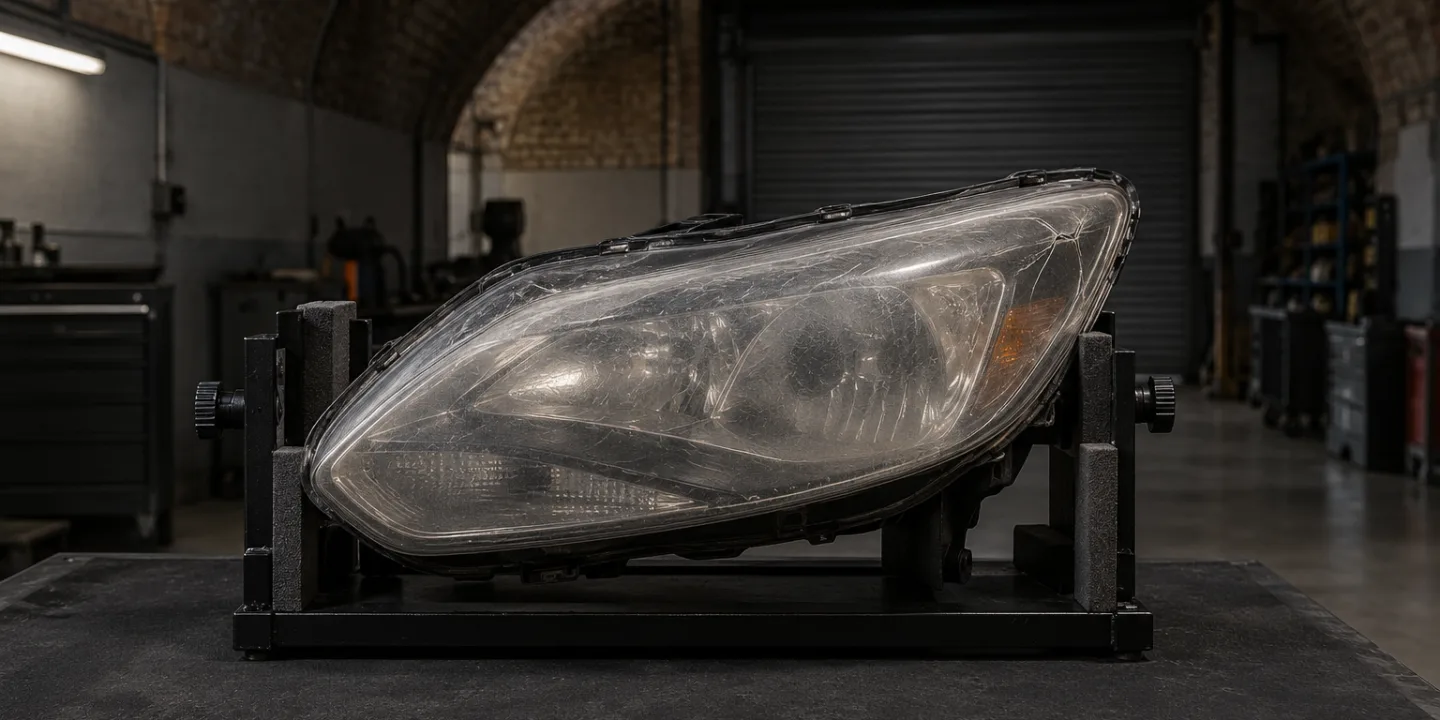 Ford Focus Mk3 headlight on a stand, its outer lens cloudy and crazed