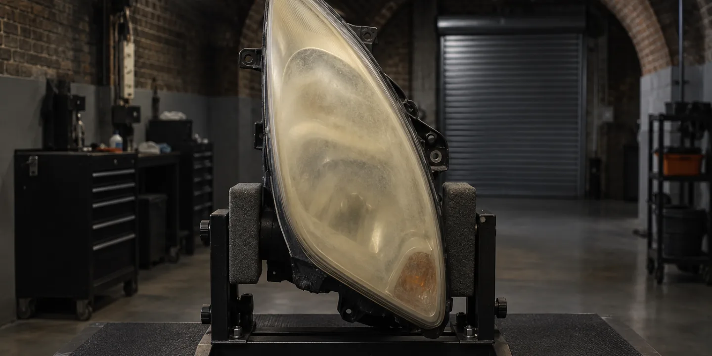 Ford Fiesta headlight on a stand with a yellowed, frosted outer lens
