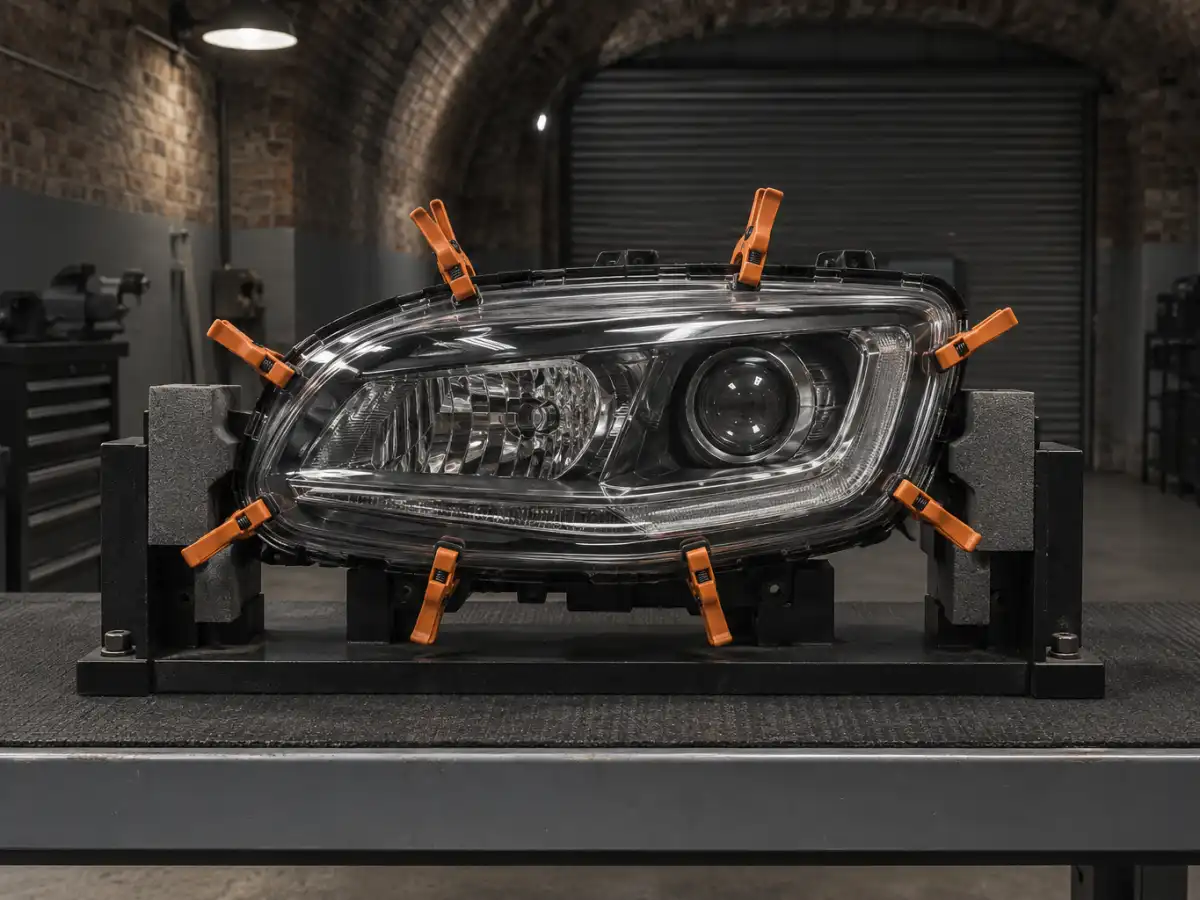New outer lens clamped in place on its original headlight during a Ford headlight repair
