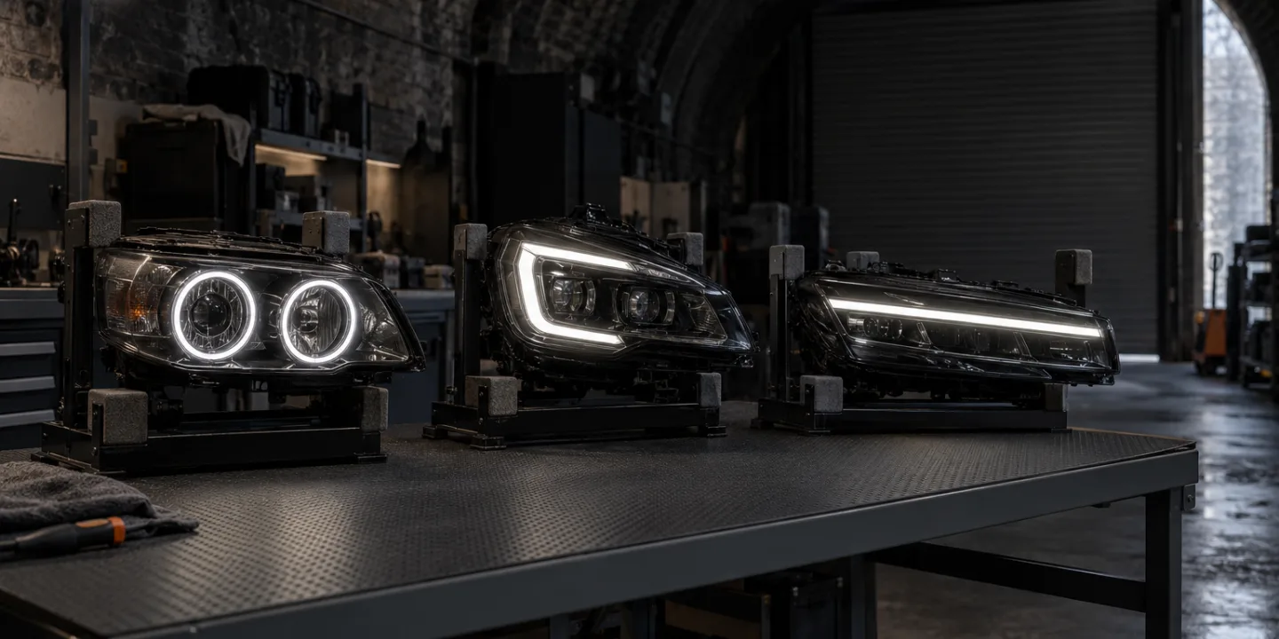 Three headlights of different makes standing in the dark, each showing its own running-light shape