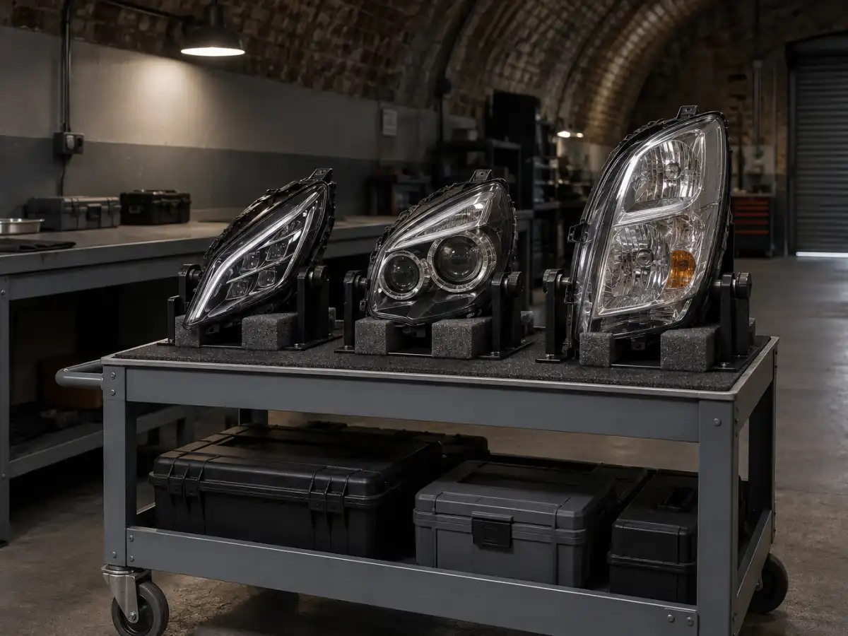 Trolley carrying three headlights from different vehicles, each in its own foam cut-out