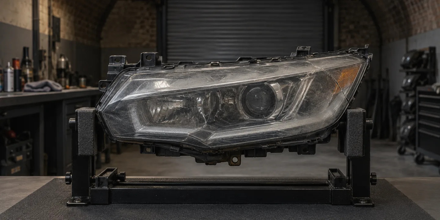 Honda Civic headlight on a stand with a cracked, clouded cover