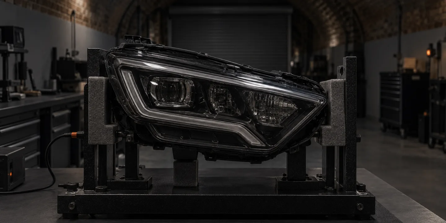 Kia Ceed headlight on a test stand, its LED running light out