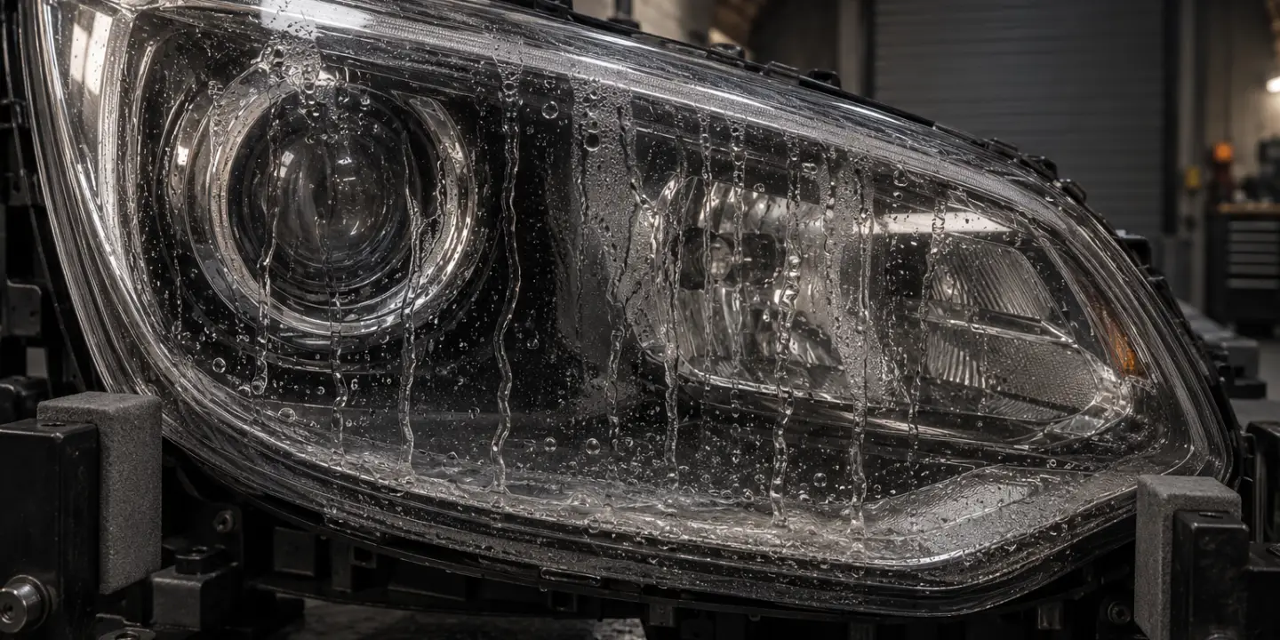 Water trails running down inside the cover of a Kia Sportage headlight